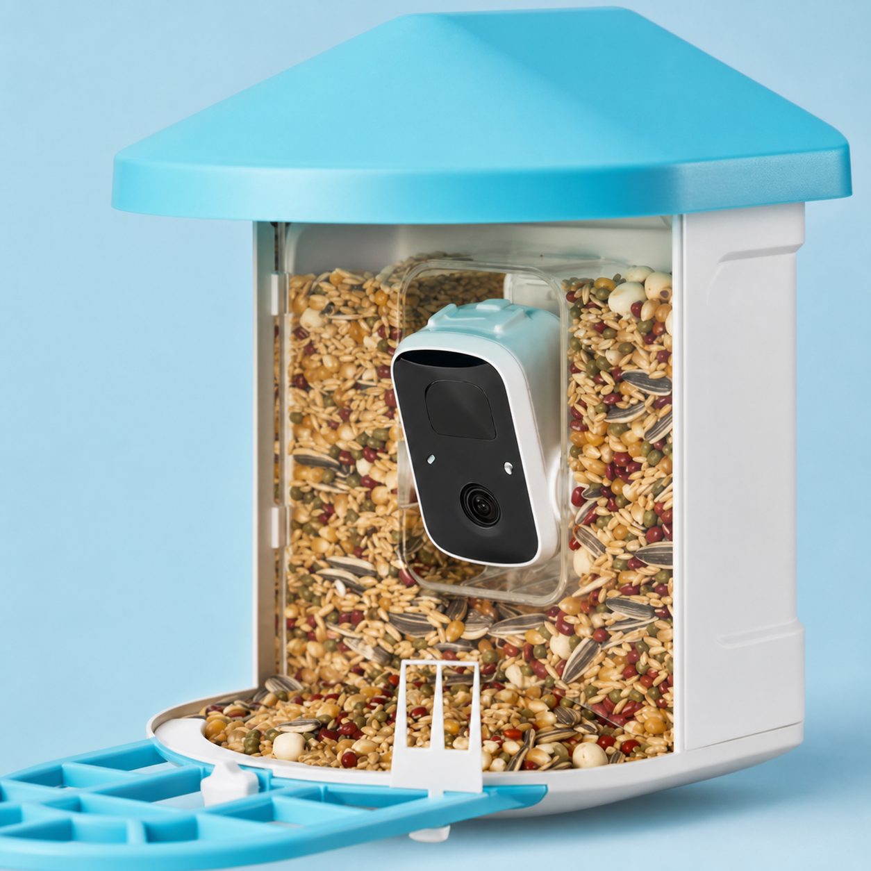 Close-up of the built-in 2K camera on the BirdNook feeder
