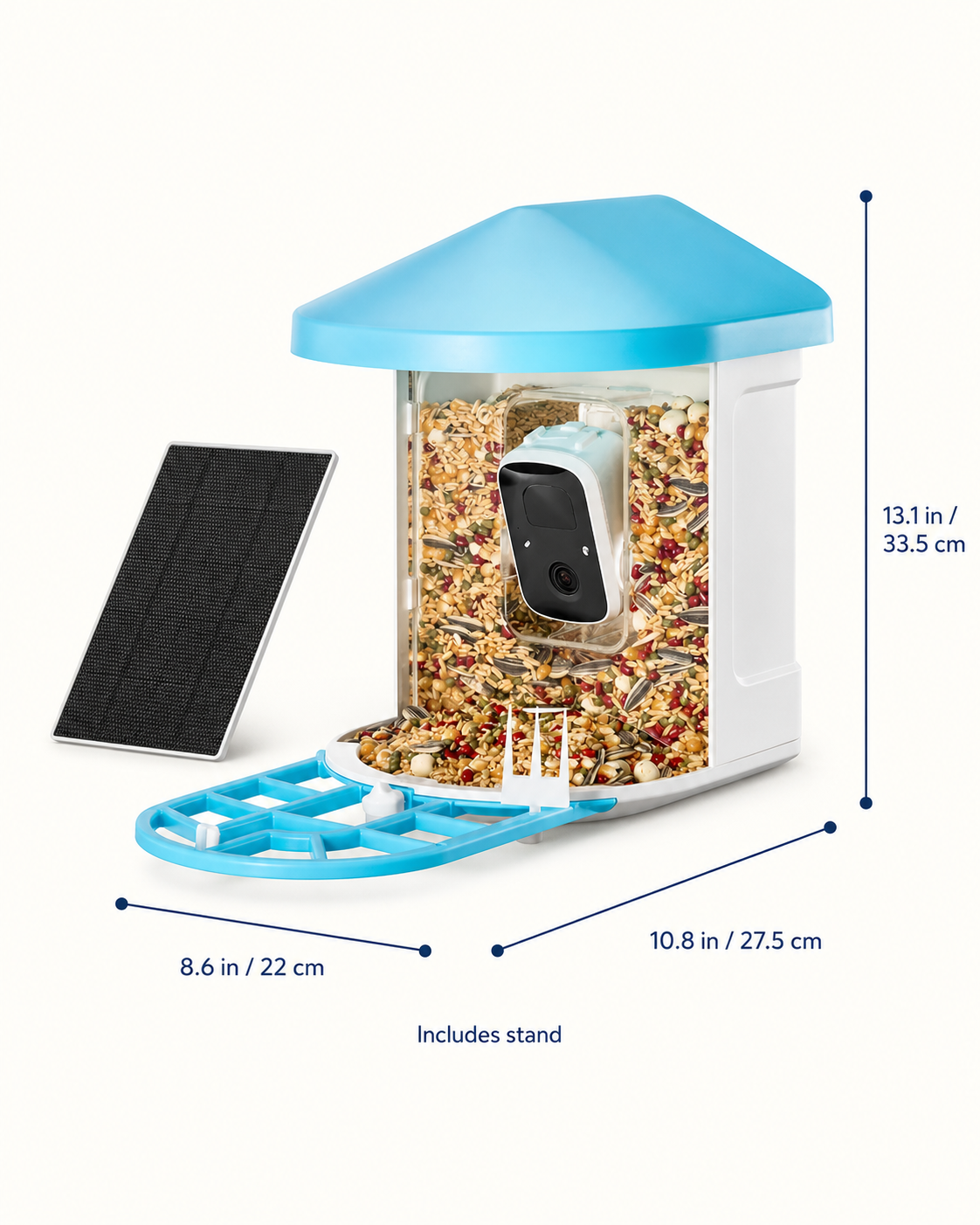 BirdNook bird feeder dimensions: 13.1 by 8.6 by 10.8 inches, includes stand