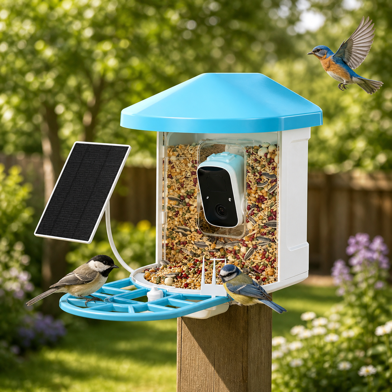 BirdNook bird feeder mounted in a garden with birds on the perch