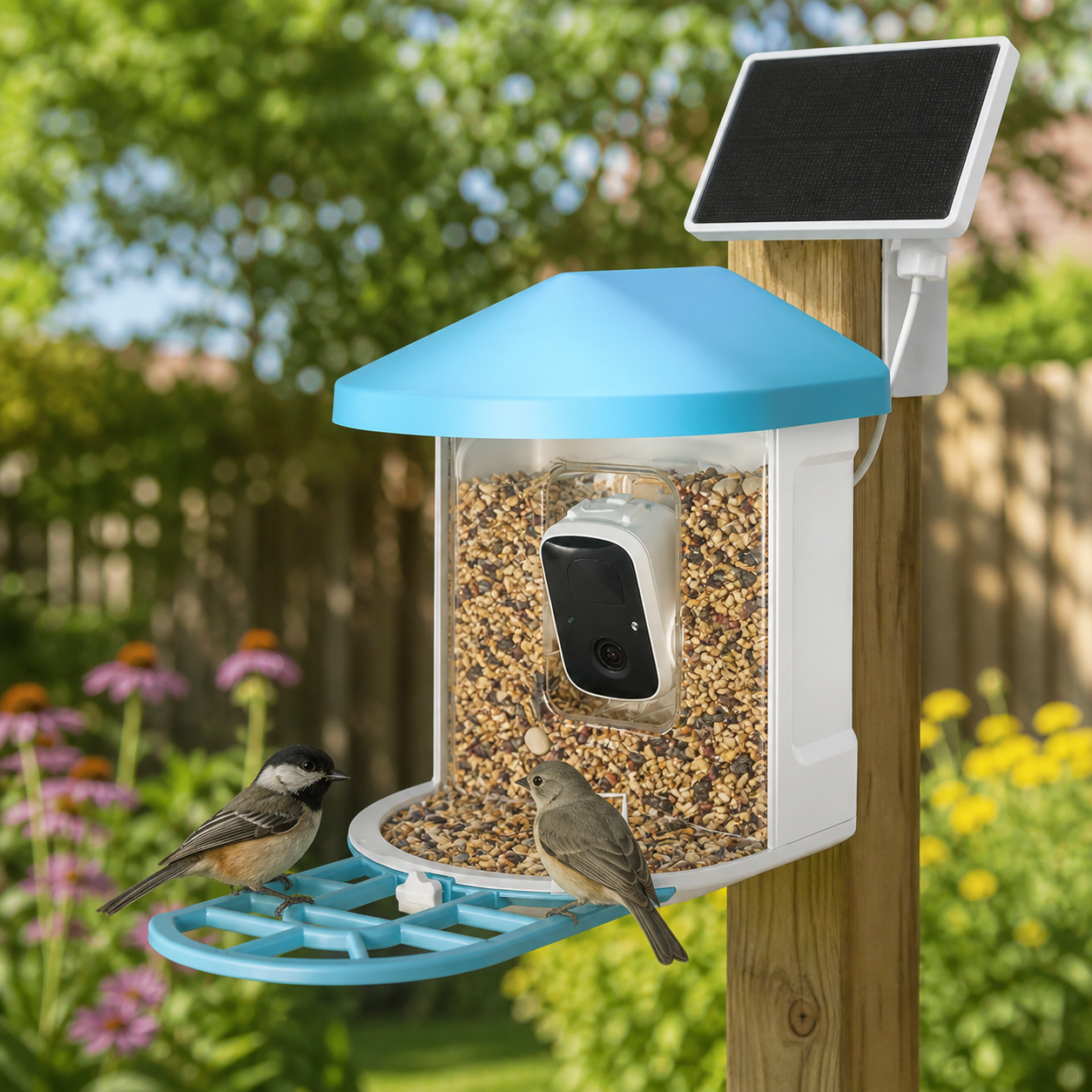 BirdNook bird feeder installed on its stand in a backyard