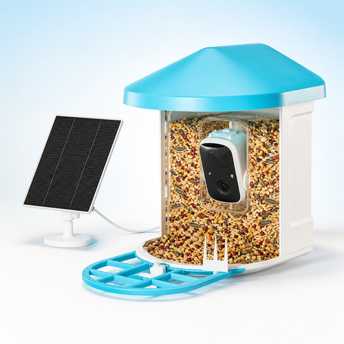 BirdNook smart bird feeder in sky blue and white, studio view