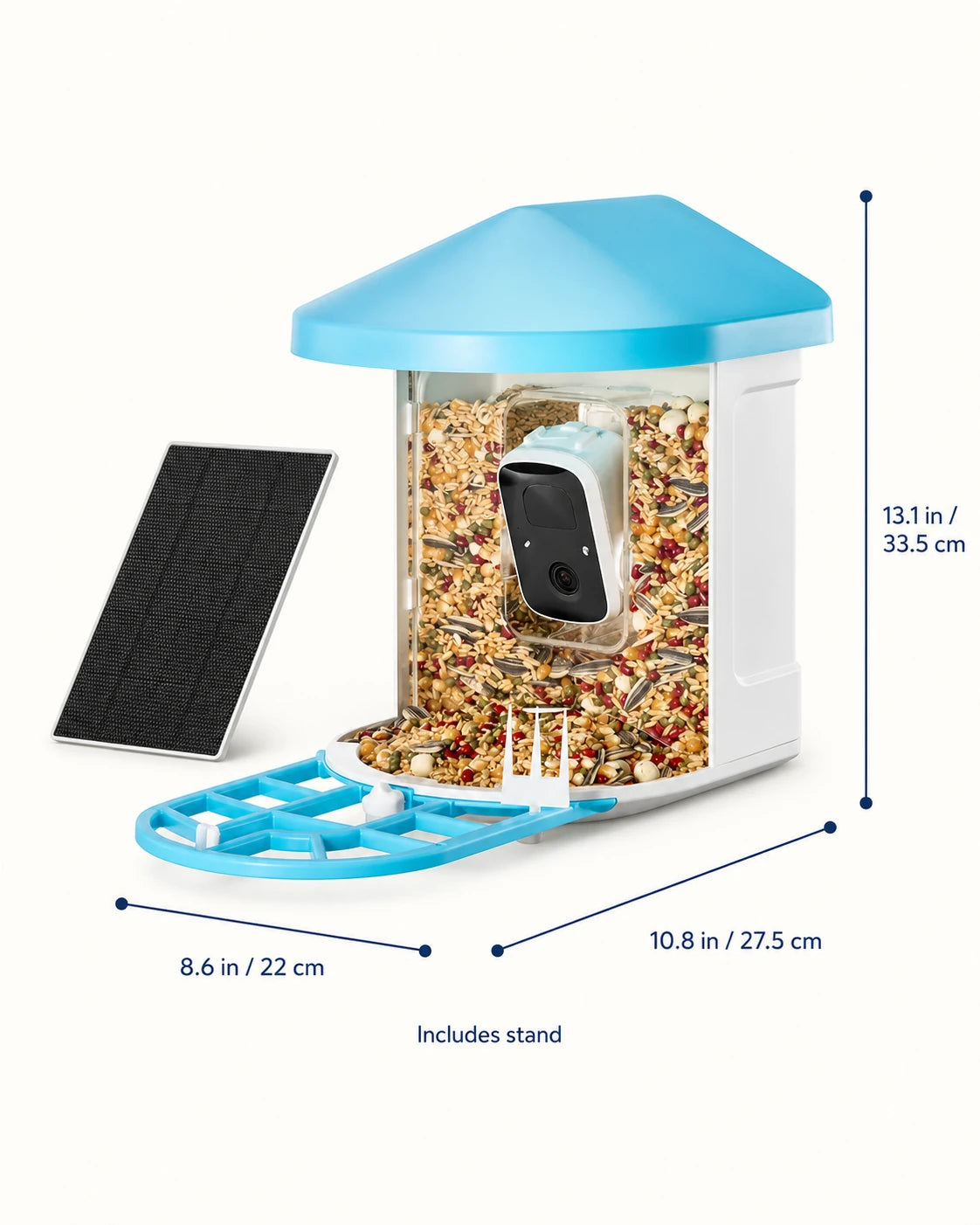 BirdNook bird feeder dimensions: 13.1 by 8.6 by 10.8 inches, includes stand